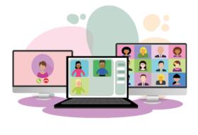 Multiple screens showing people meeting online