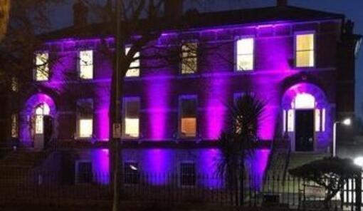 NDA Building at night with purple lights