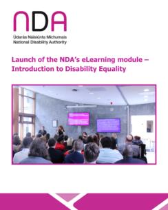 A white and pink geometric graphic reading Launch of the NDA’s eLearning module – Introduction to Disability Equality with a photo from the event featuring people on a stage with presentation screen visible behind them. There is an audience watching them.
